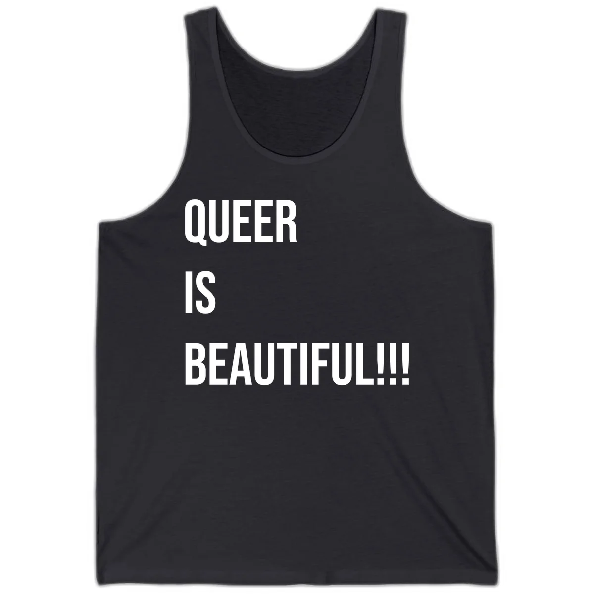Bold white typography reading 'QUEER IS BEAUTIFUL!!!' on gray background, pride affirmation design in Dark Grey