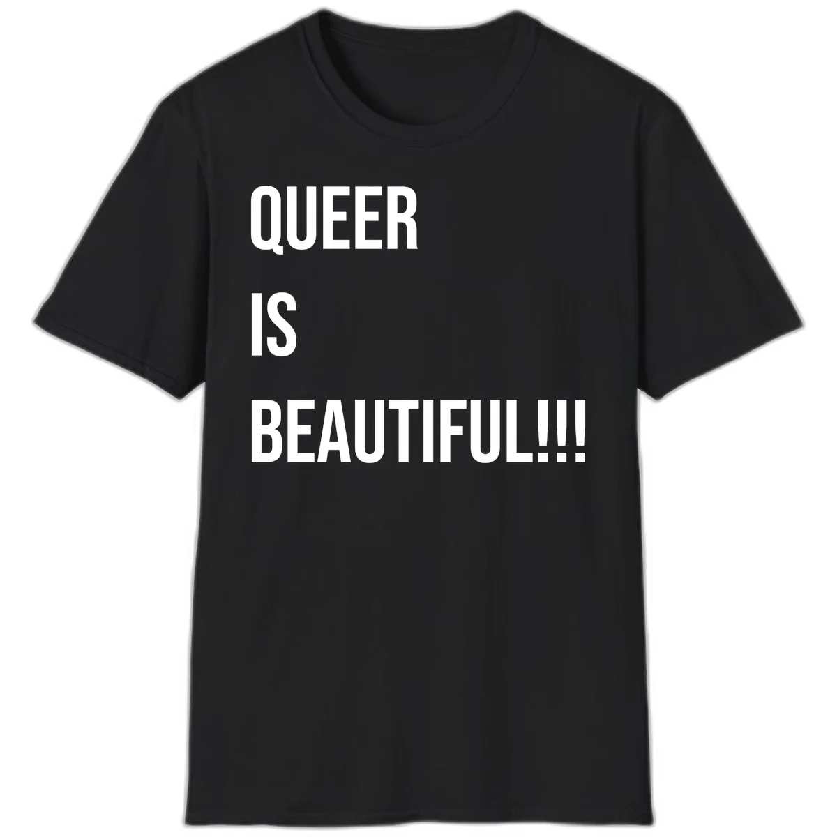 Bold white typography reading 'QUEER IS BEAUTIFUL!!!' on gray background, pride affirmation design in Black