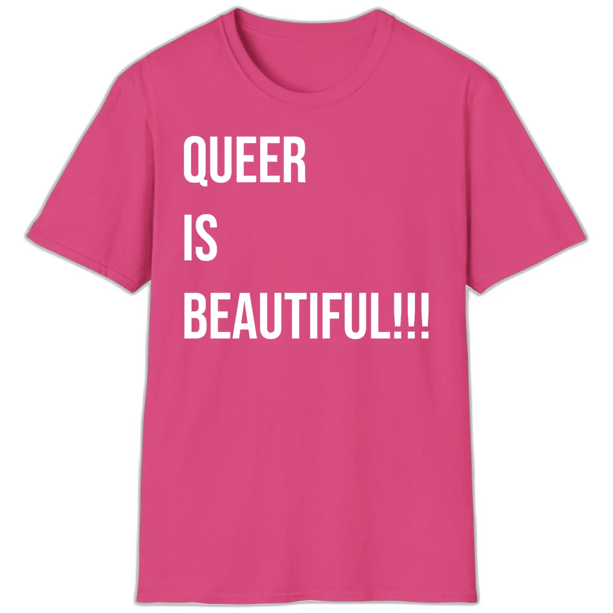 Bold white typography reading 'QUEER IS BEAUTIFUL!!!' on gray background, pride affirmation design in Heliconia