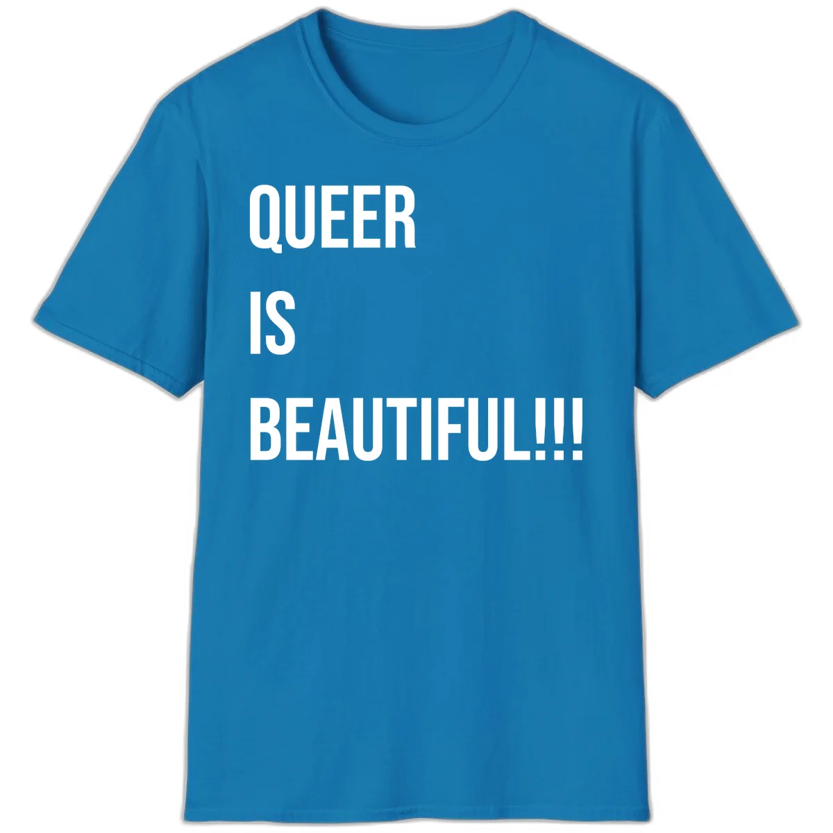 Bold white typography reading 'QUEER IS BEAUTIFUL!!!' on gray background, pride affirmation design in Sapphire