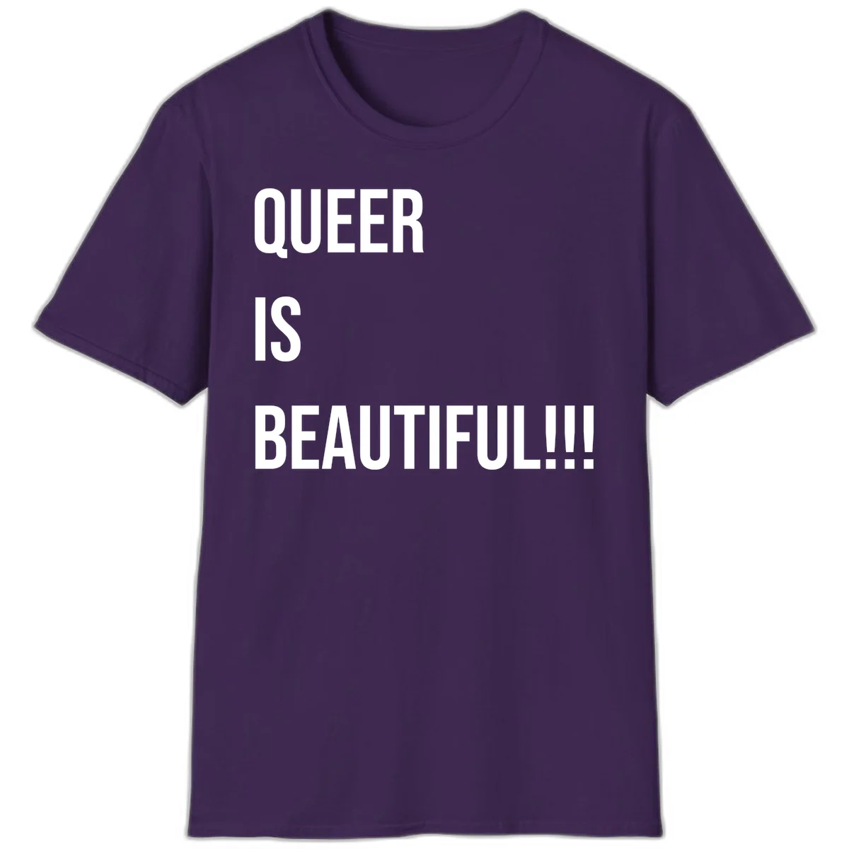 Bold white typography reading 'QUEER IS BEAUTIFUL!!!' on gray background, pride affirmation design in Purple