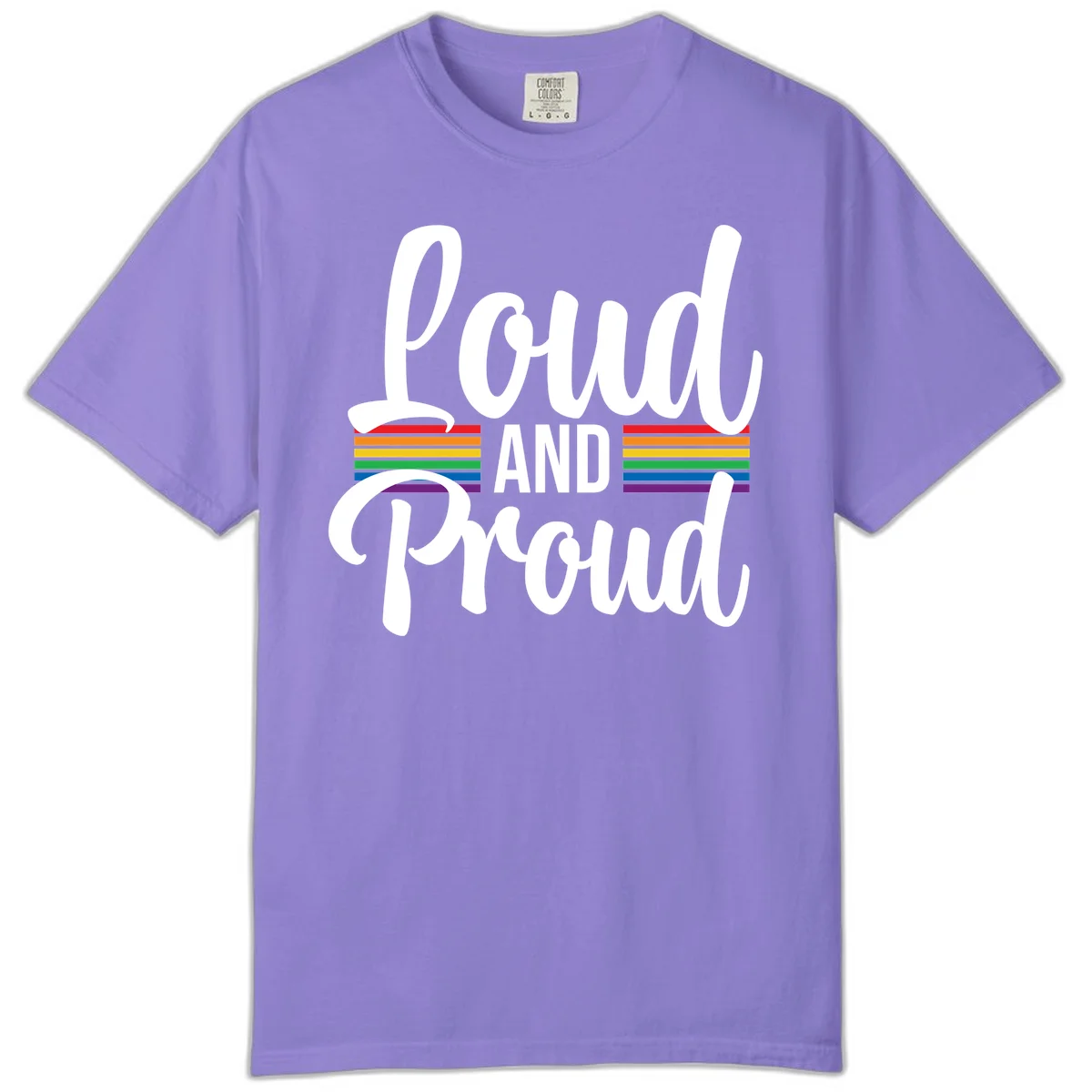Loud and Proud rainbow pride design with white flowing text and horizontal rainbow stripes on gray background in Violet