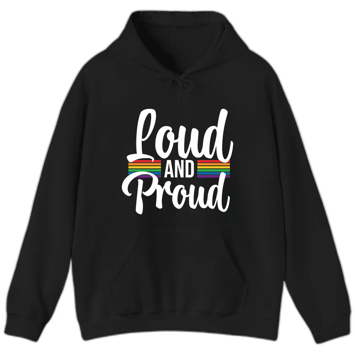Loud and Proud rainbow pride design with white flowing text and horizontal rainbow stripes on gray background in Black