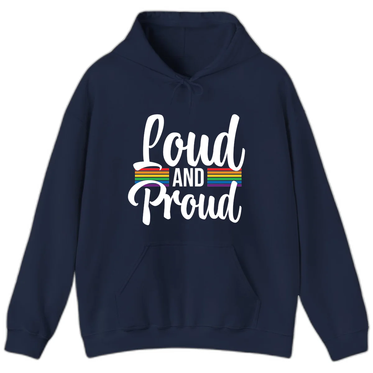 Loud and Proud rainbow pride design with white flowing text and horizontal rainbow stripes on gray background in Navy