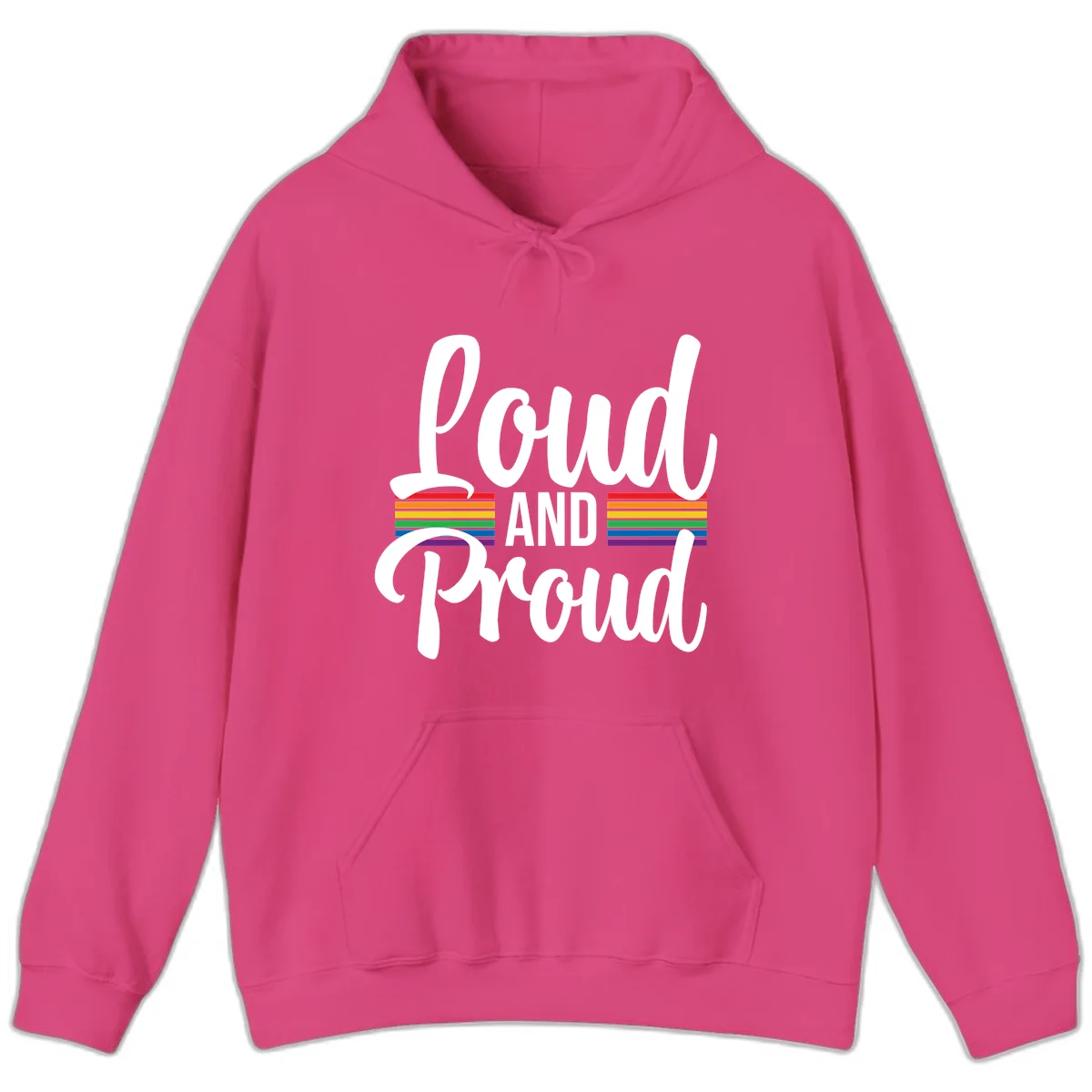 Loud and Proud rainbow pride design with white flowing text and horizontal rainbow stripes on gray background in Heliconia