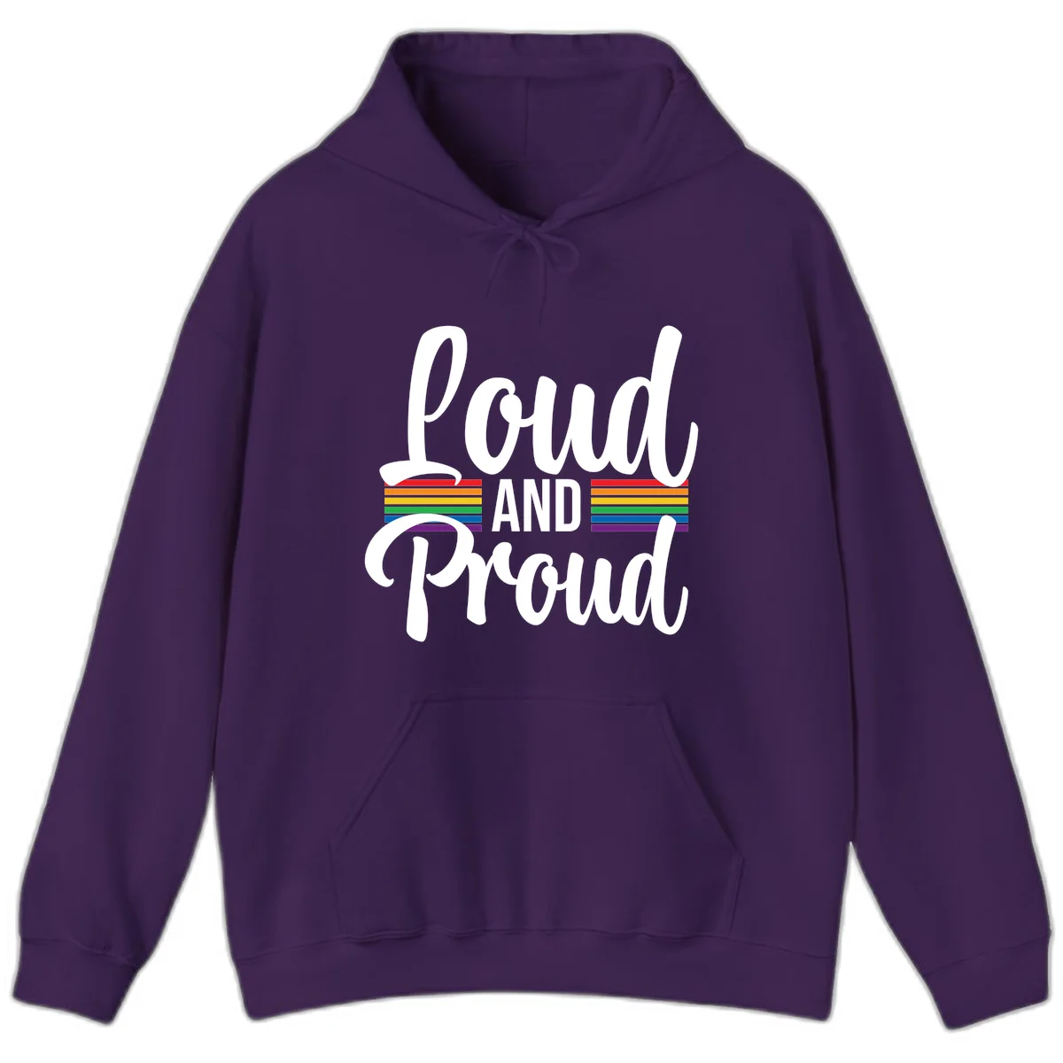 Loud and Proud rainbow pride design with white flowing text and horizontal rainbow stripes on gray background in Purple