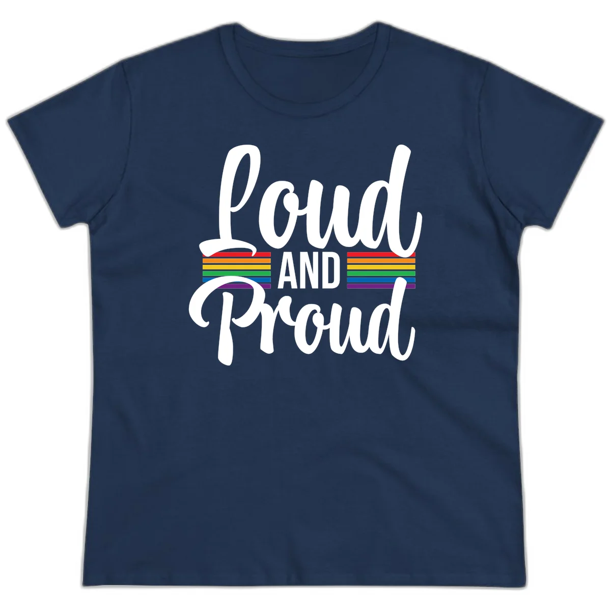 Loud and Proud rainbow pride design with white flowing text and horizontal rainbow stripes on gray background in Navy