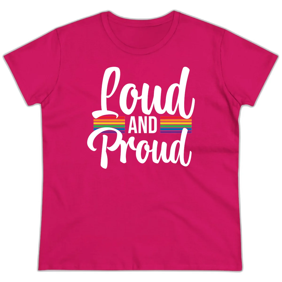 Loud and Proud rainbow pride design with white flowing text and horizontal rainbow stripes on gray background in Heliconia