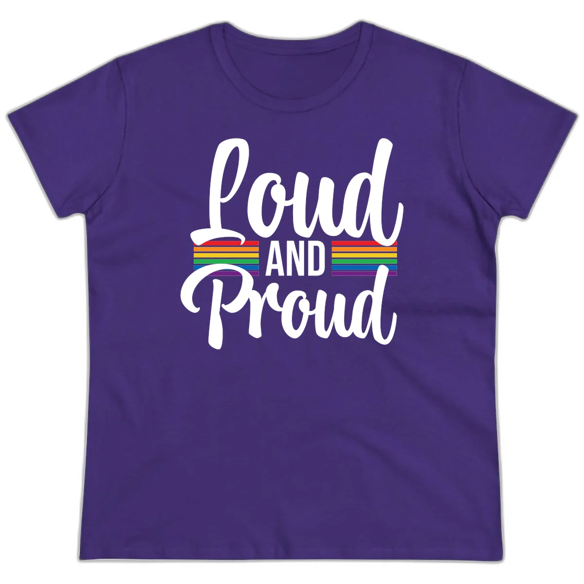 Loud and Proud rainbow pride design with white flowing text and horizontal rainbow stripes on gray background in Purple
