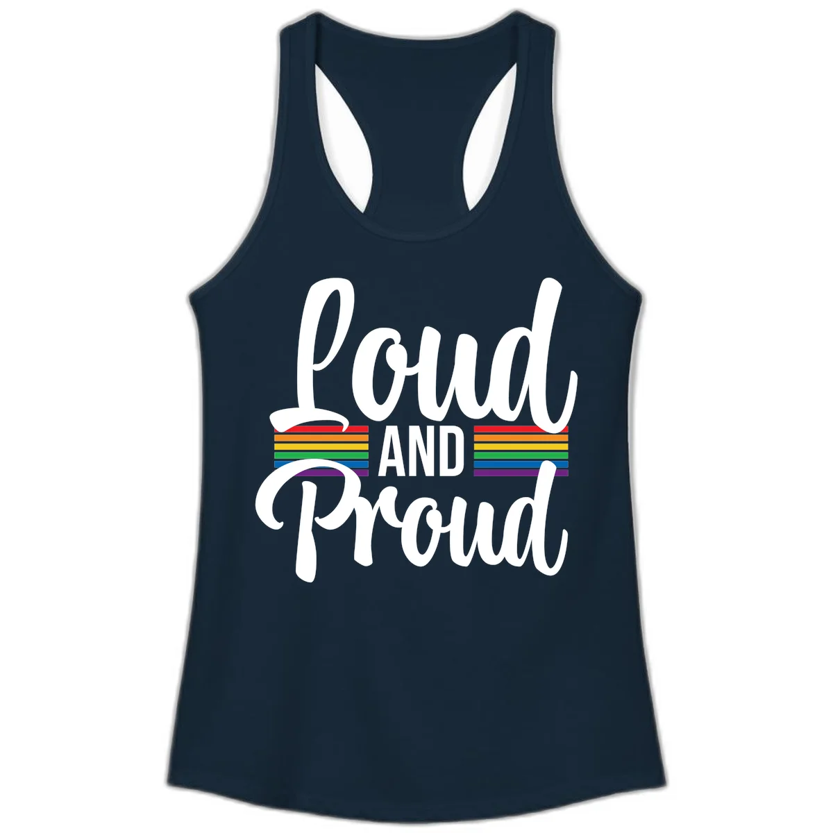 Loud and Proud rainbow pride design with white flowing text and horizontal rainbow stripes on gray background in Solid Midnight Navy