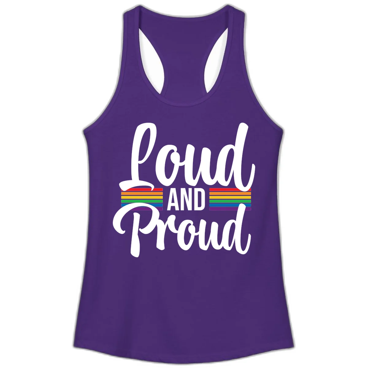 Loud and Proud rainbow pride design with white flowing text and horizontal rainbow stripes on gray background in Solid Purple Rush