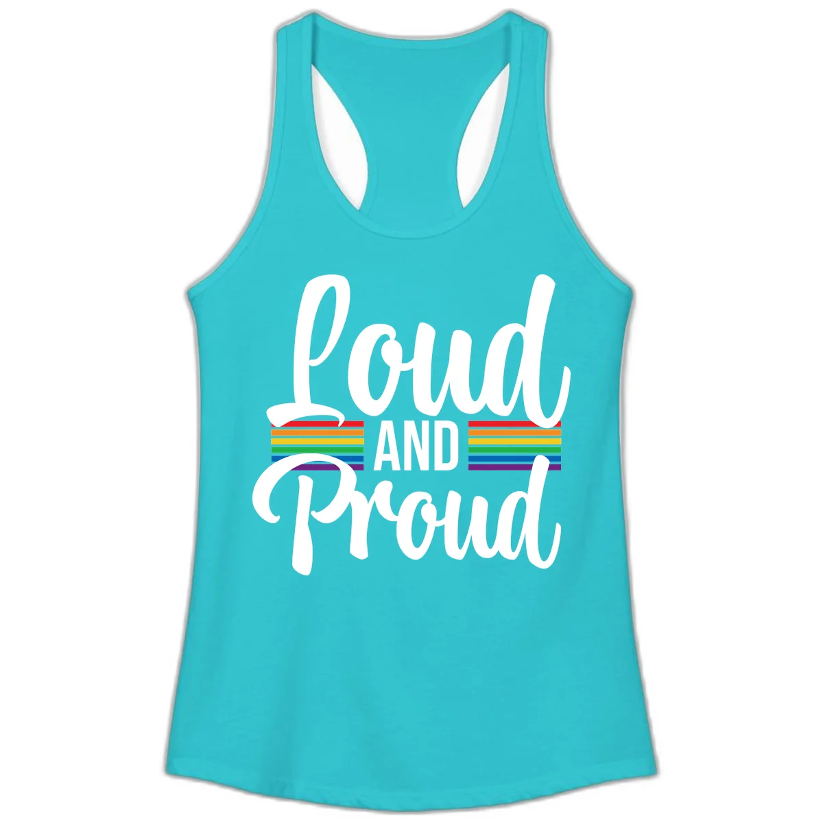 Loud and Proud rainbow pride design with white flowing text and horizontal rainbow stripes on gray background in Solid Tahiti Blue