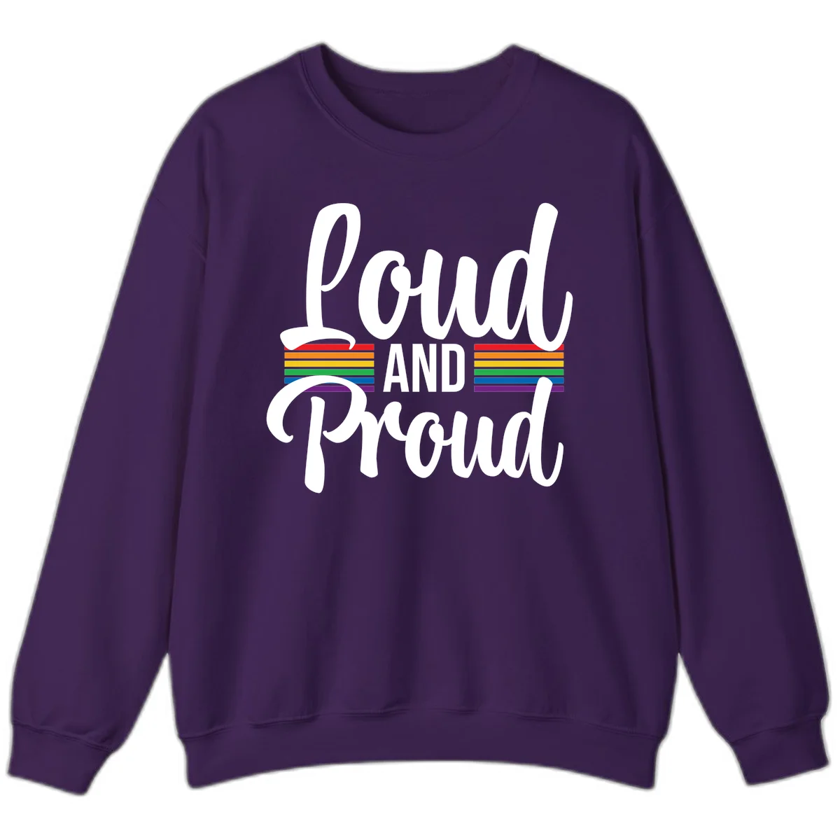 Loud and Proud rainbow pride design with white flowing text and horizontal rainbow stripes on gray background in Purple