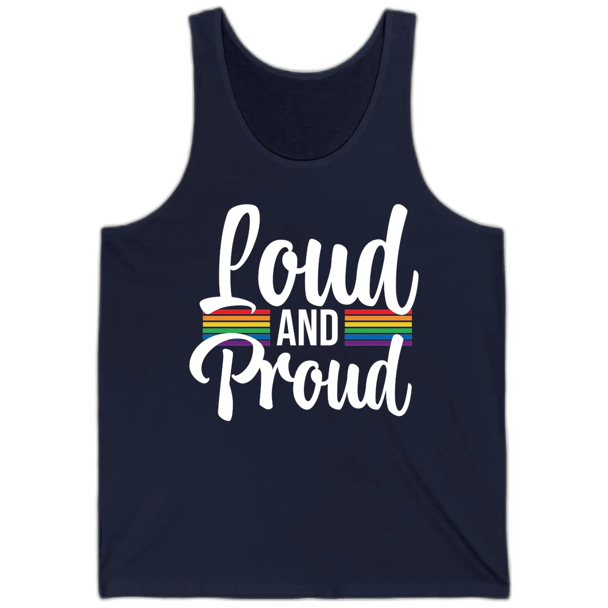 Loud and Proud rainbow pride design with white flowing text and horizontal rainbow stripes on gray background in Navy