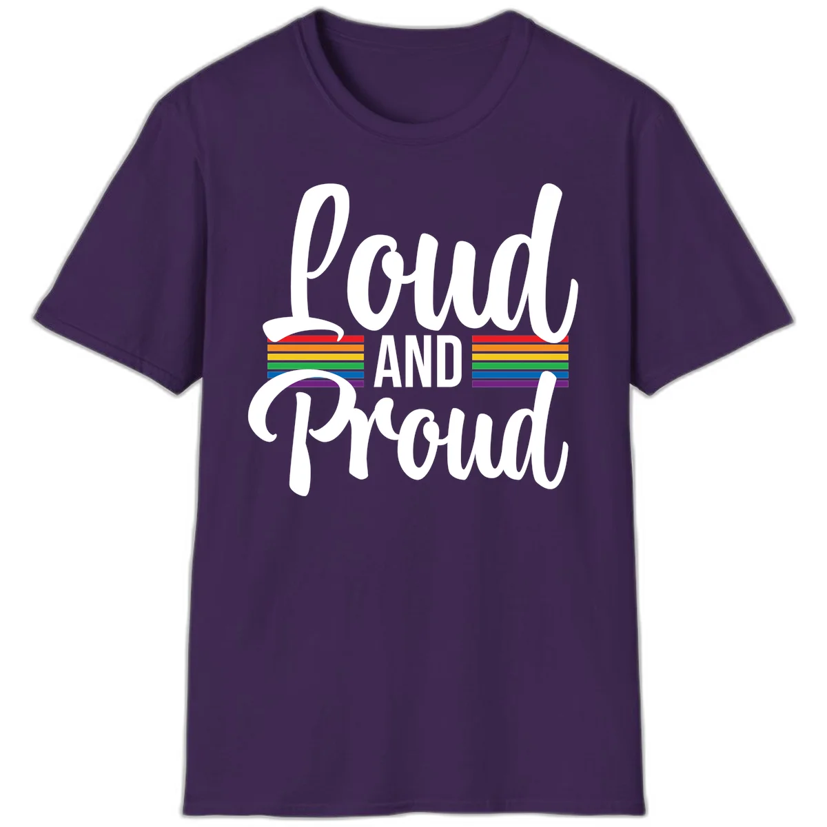 Loud and Proud rainbow pride design with white flowing text and horizontal rainbow stripes on gray background in Purple