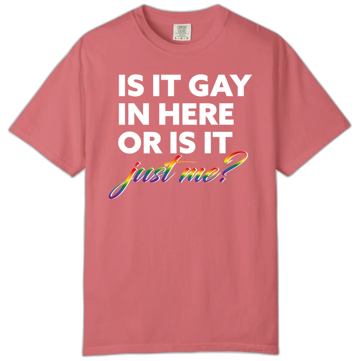 Bold white text reading "Is It Gay In Here Or Is It" with rainbow gradient lettering spelling "just me?" featuring pride flag colors on gray background in Watermelon