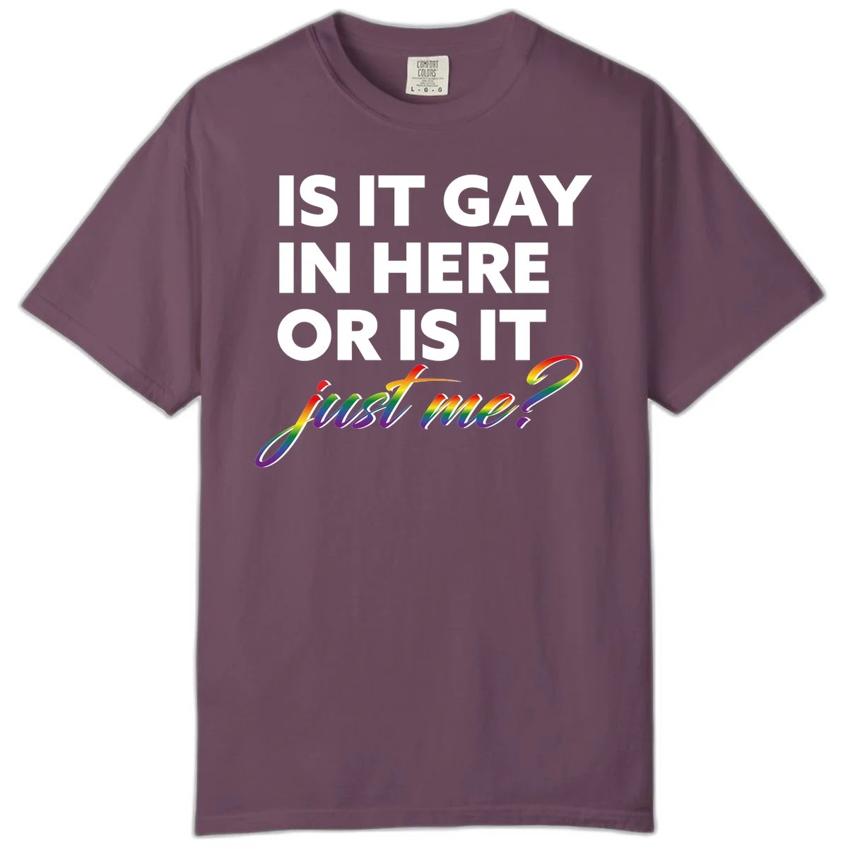 Bold white text reading "Is It Gay In Here Or Is It" with rainbow gradient lettering spelling "just me?" featuring pride flag colors on gray background in Berry