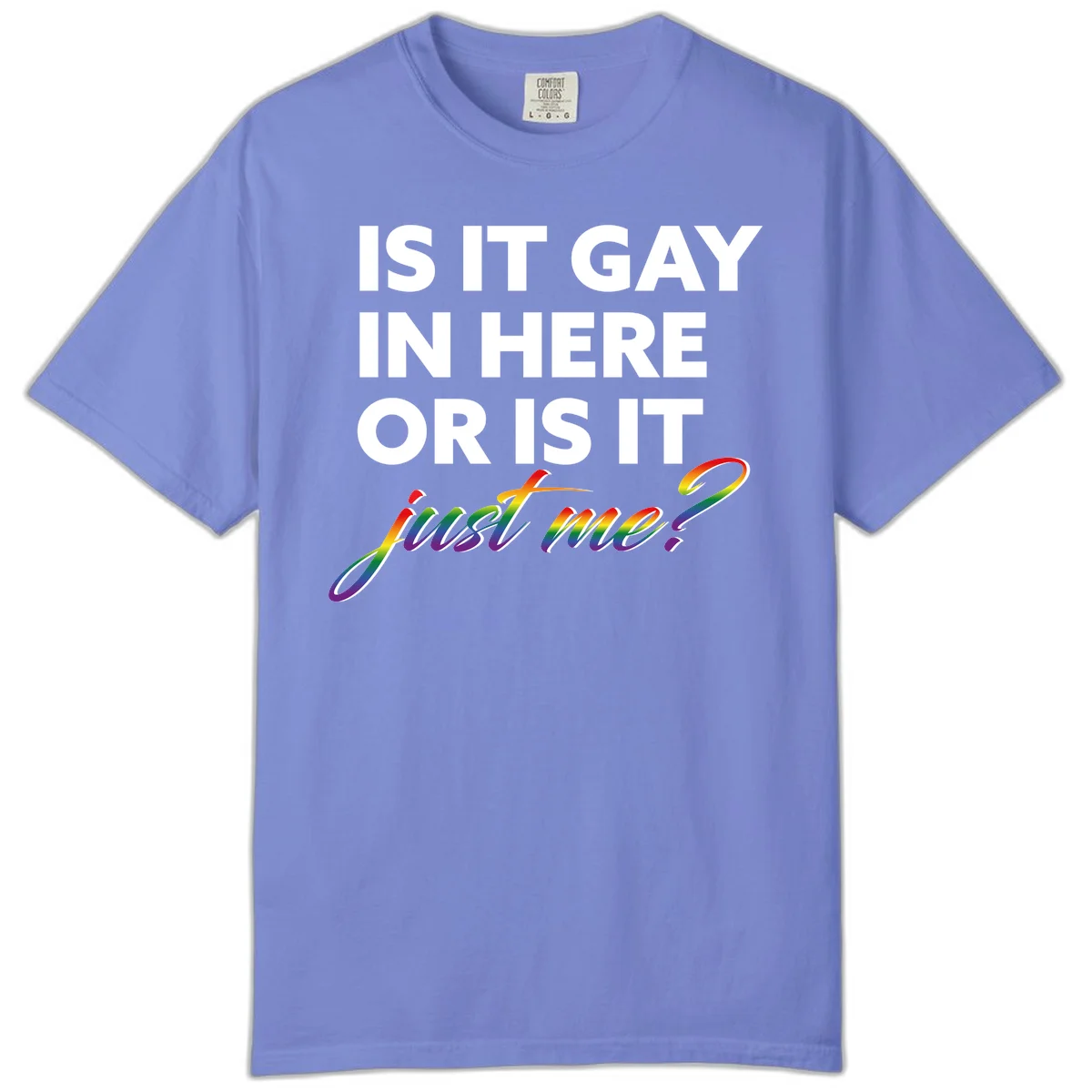 Bold white text reading "Is It Gay In Here Or Is It" with rainbow gradient lettering spelling "just me?" featuring pride flag colors on gray background in Flo Blue
