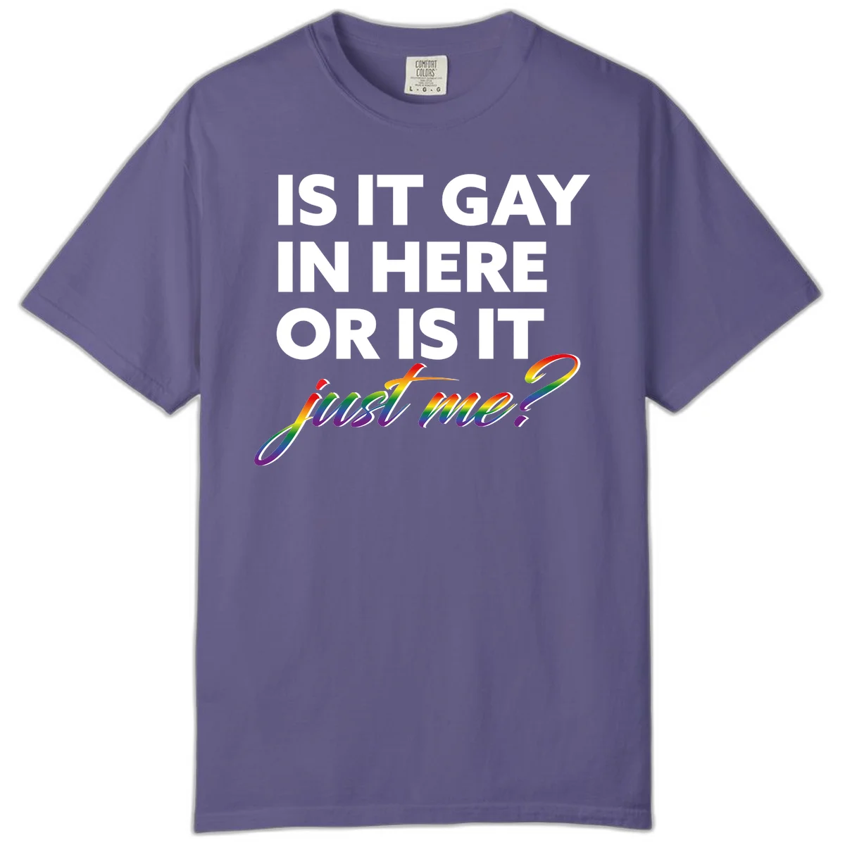 Bold white text reading "Is It Gay In Here Or Is It" with rainbow gradient lettering spelling "just me?" featuring pride flag colors on gray background in Grape