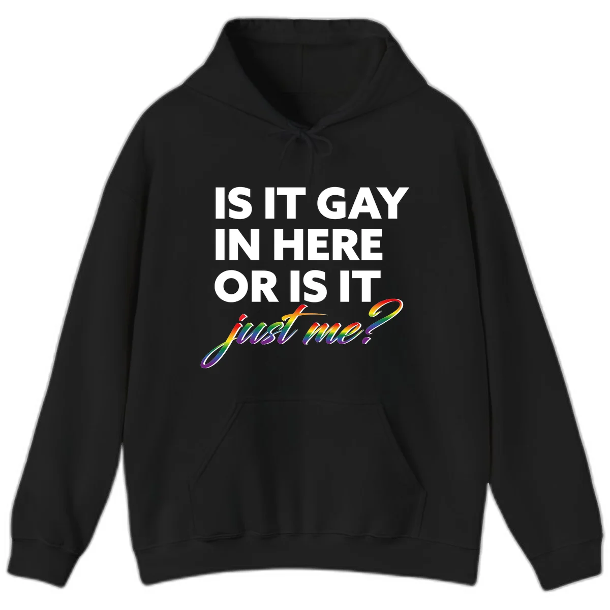 Bold white text reading "Is It Gay In Here Or Is It" with rainbow gradient lettering spelling "just me?" featuring pride flag colors on gray background in Black