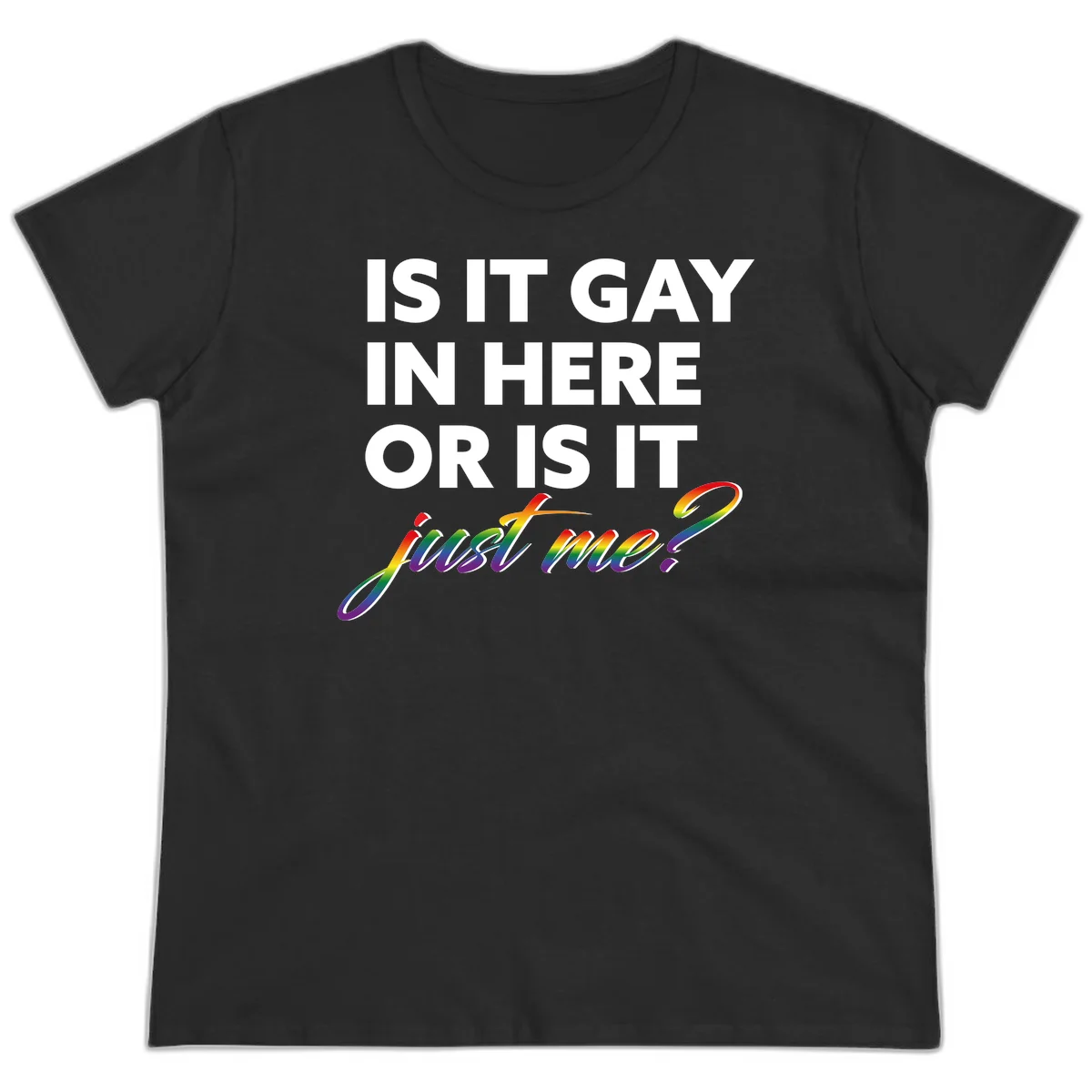 Bold white text reading "Is It Gay In Here Or Is It" with rainbow gradient lettering spelling "just me?" featuring pride flag colors on gray background in Black