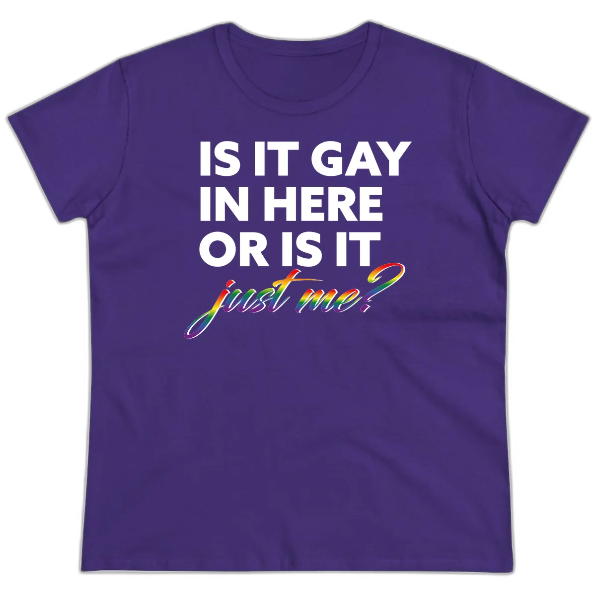 Bold white text reading "Is It Gay In Here Or Is It" with rainbow gradient lettering spelling "just me?" featuring pride flag colors on gray background in Purple