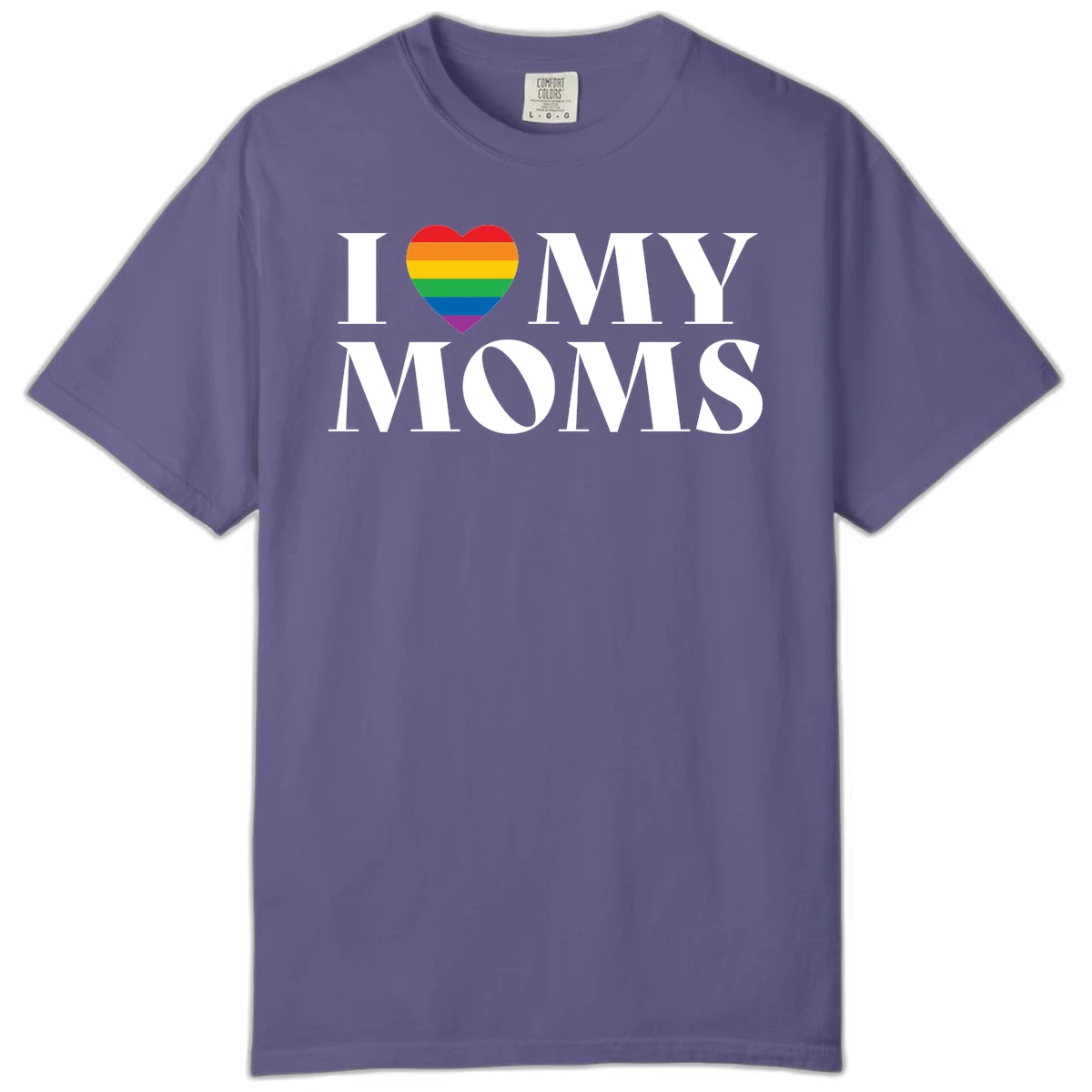 White text reading 'I love my moms' with a rainbow-striped heart symbol, celebrating LGBTQ+ family pride in Grape