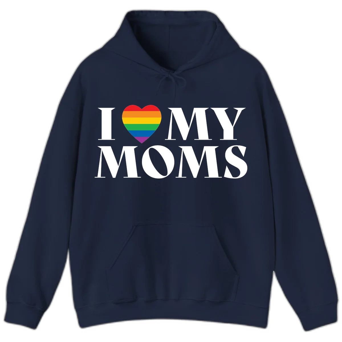 White text reading 'I love my moms' with a rainbow-striped heart symbol, celebrating LGBTQ+ family pride in Navy