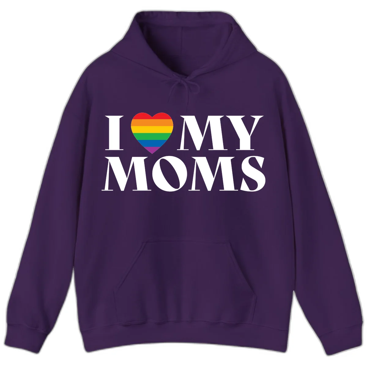 White text reading 'I love my moms' with a rainbow-striped heart symbol, celebrating LGBTQ+ family pride in Purple