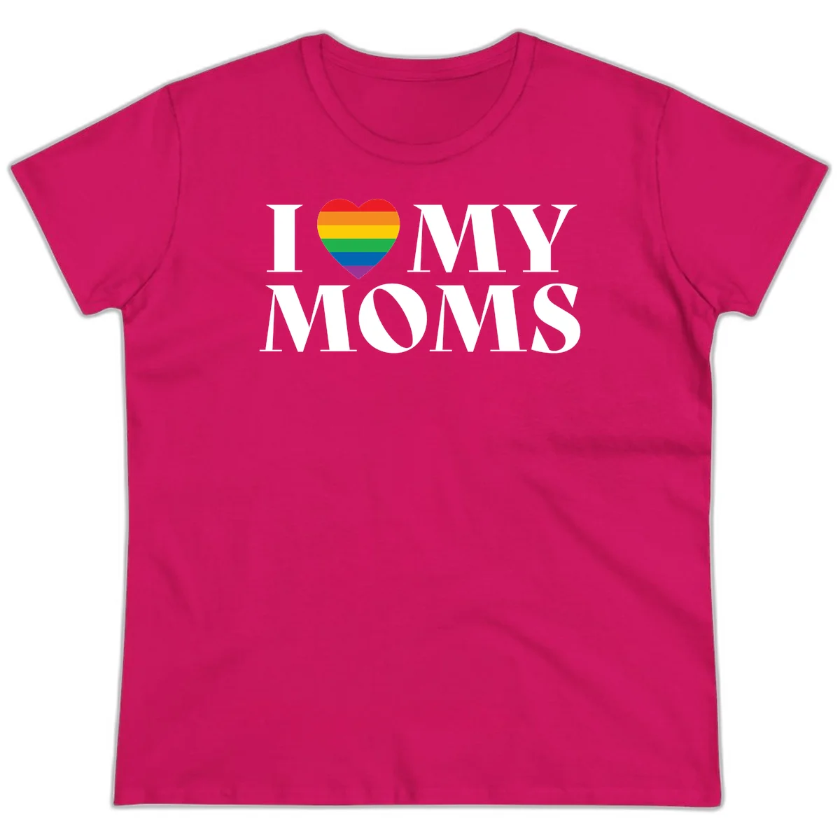 White text reading 'I love my moms' with a rainbow-striped heart symbol, celebrating LGBTQ+ family pride in Heliconia