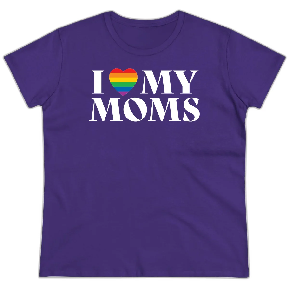 White text reading 'I love my moms' with a rainbow-striped heart symbol, celebrating LGBTQ+ family pride in Purple