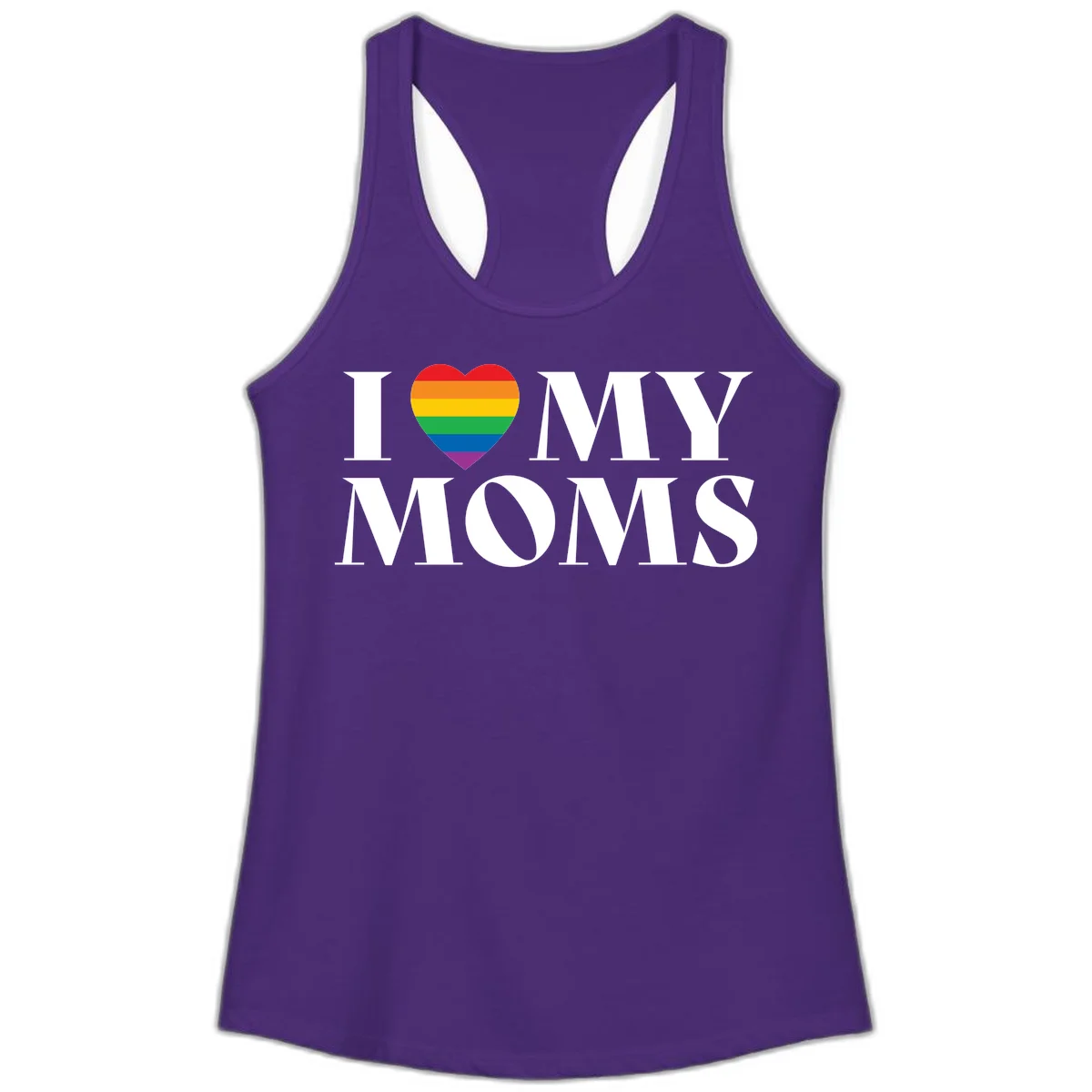 White text reading 'I love my moms' with a rainbow-striped heart symbol, celebrating LGBTQ+ family pride in Solid Purple Rush