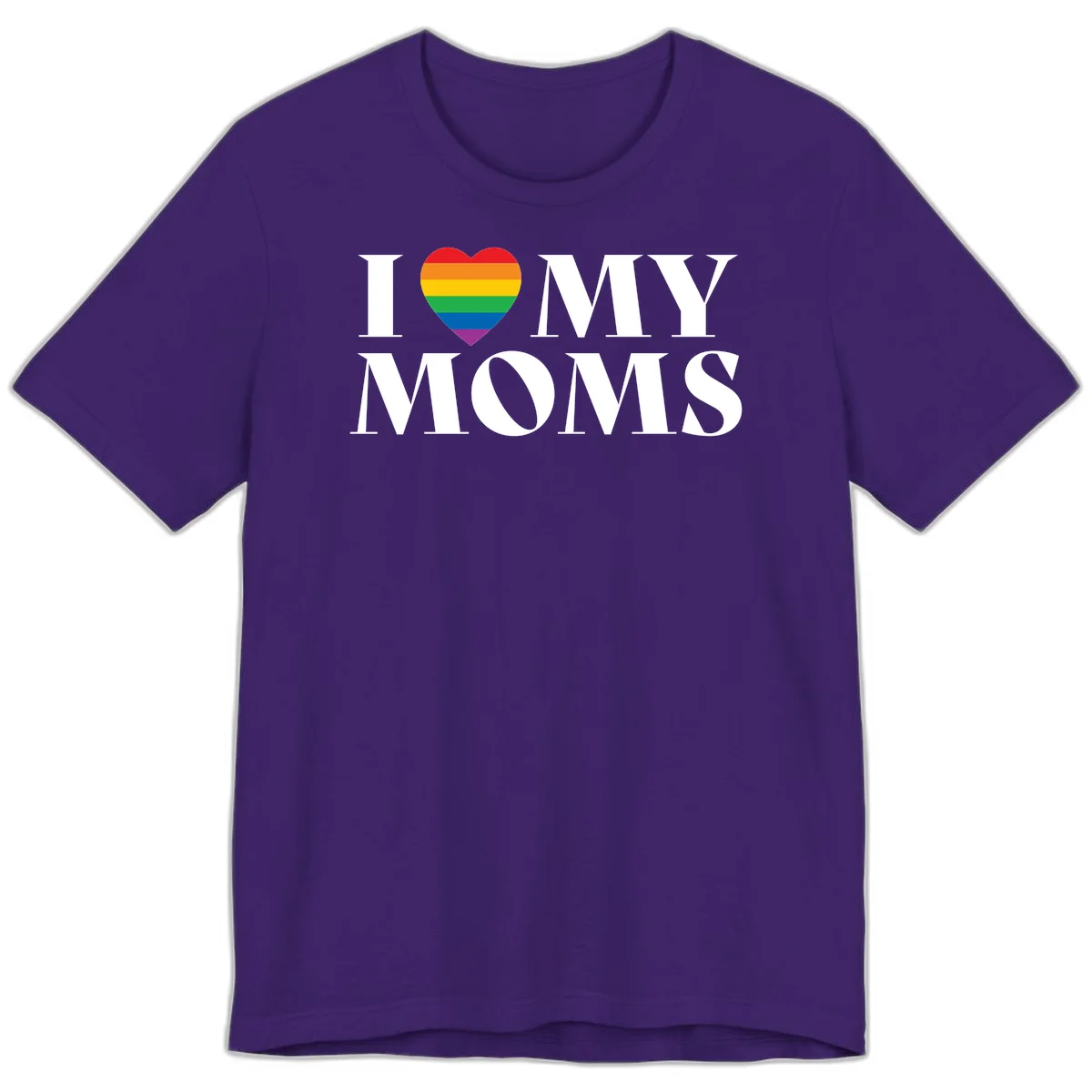 White text reading 'I love my moms' with a rainbow-striped heart symbol, celebrating LGBTQ+ family pride in Team Purple