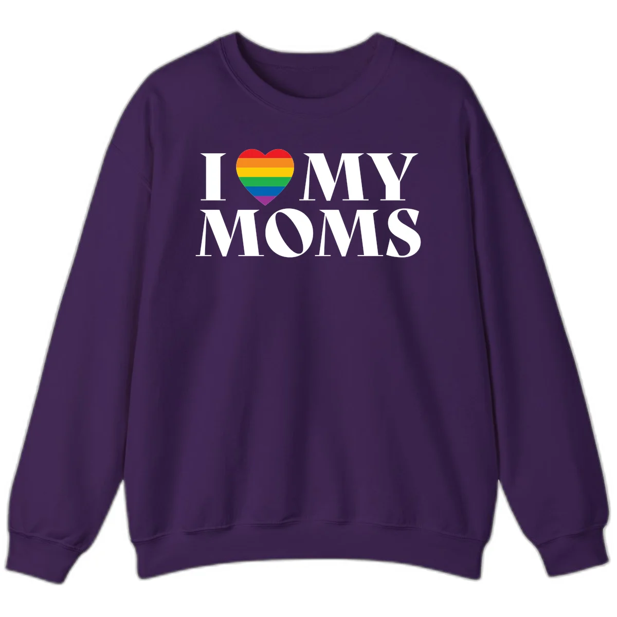 White text reading 'I love my moms' with a rainbow-striped heart symbol, celebrating LGBTQ+ family pride in Purple