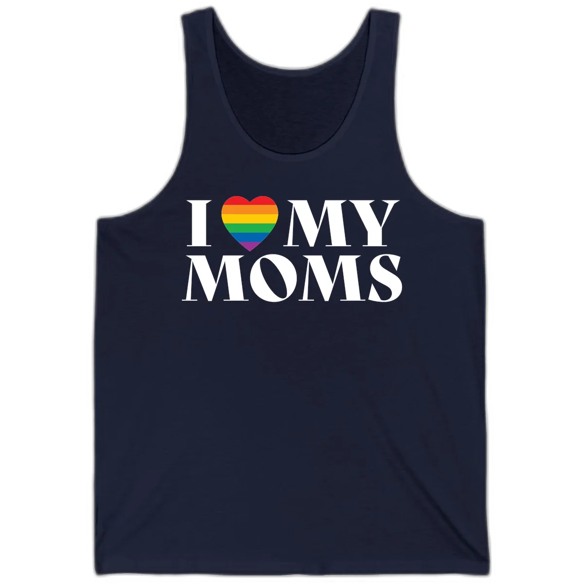White text reading 'I love my moms' with a rainbow-striped heart symbol, celebrating LGBTQ+ family pride in Navy