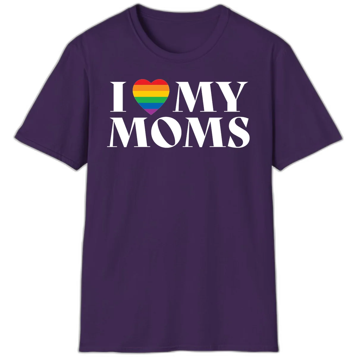 White text reading 'I love my moms' with a rainbow-striped heart symbol, celebrating LGBTQ+ family pride in Purple