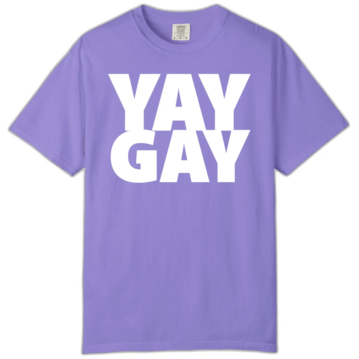 Bold white typography reading "WAY GAY" on gray background, modern pride statement design in Violet