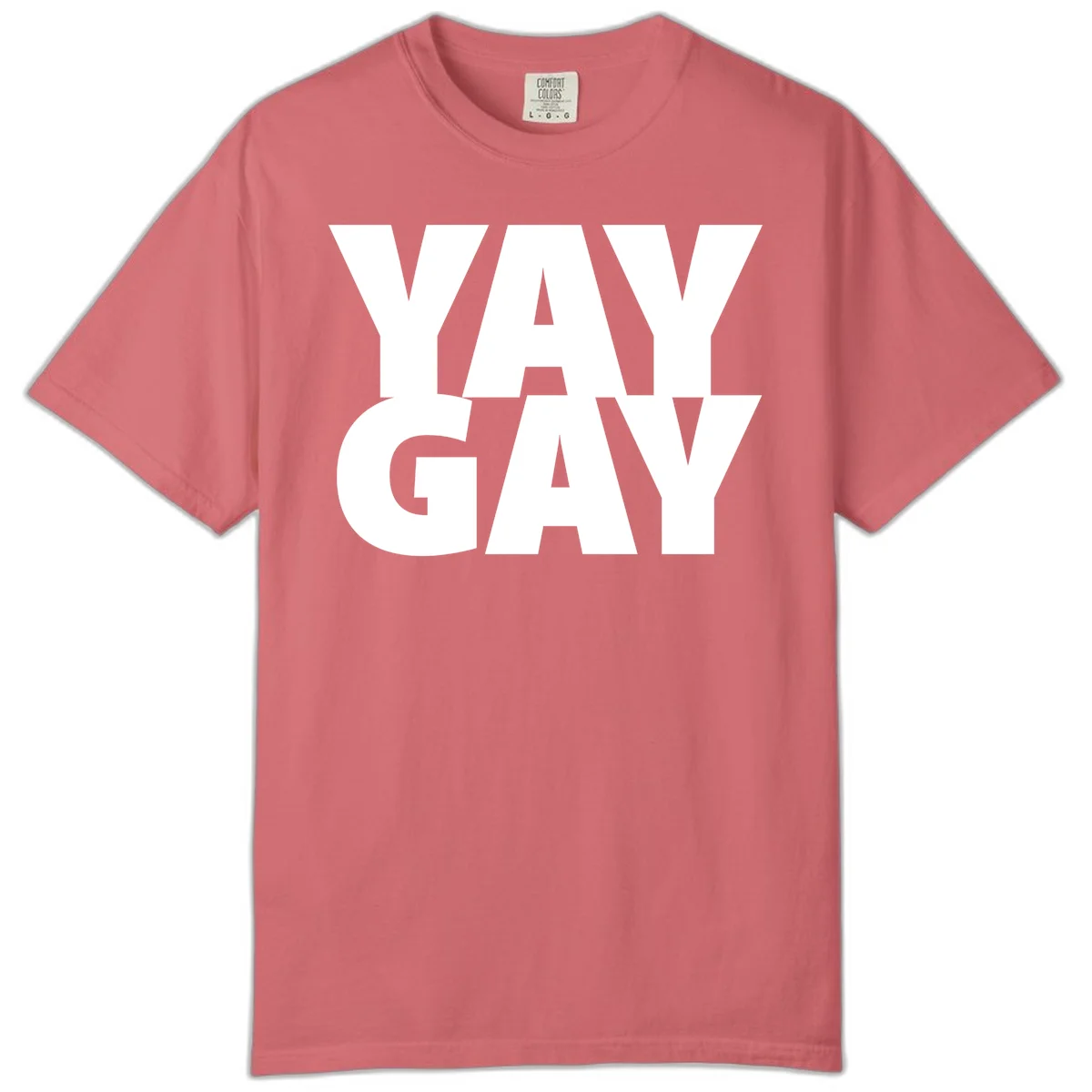 Bold white typography reading "WAY GAY" on gray background, modern pride statement design in Watermelon
