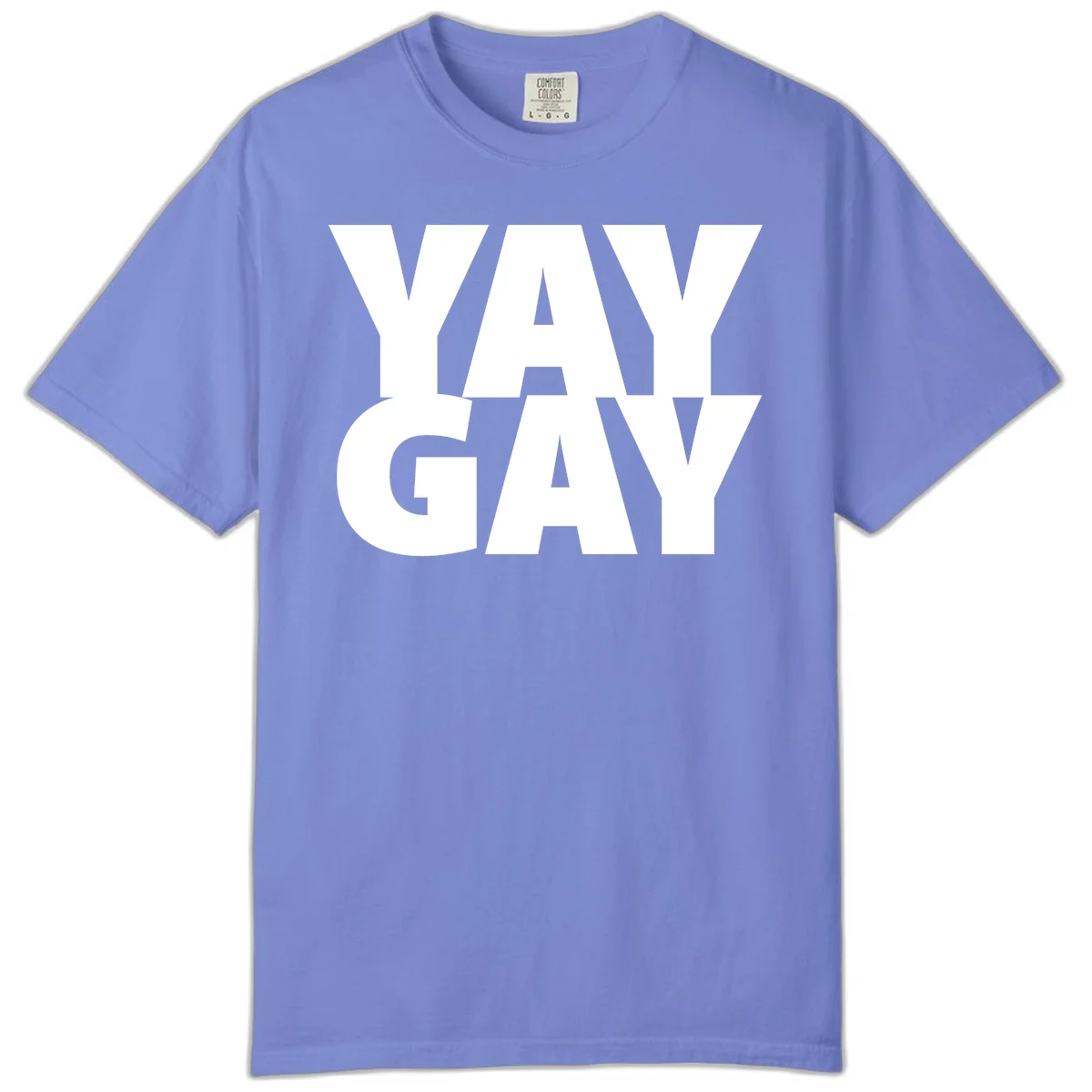 Bold white typography reading "WAY GAY" on gray background, modern pride statement design in Flo Blue