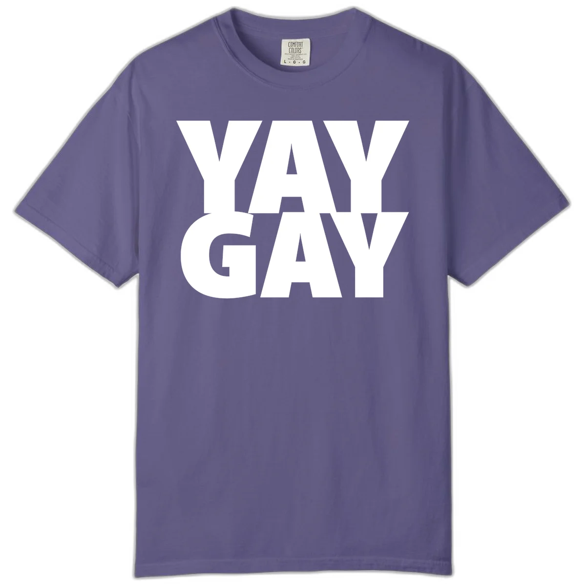 Bold white typography reading "WAY GAY" on gray background, modern pride statement design in Grape