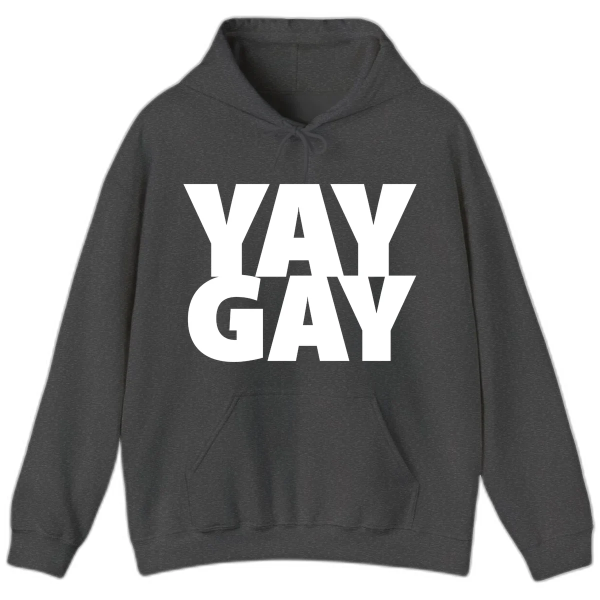 Bold white typography reading "WAY GAY" on gray background, modern pride statement design in Dark Heather