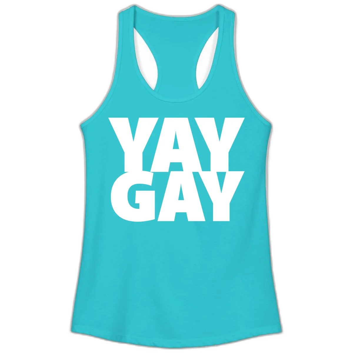 Bold white typography reading "WAY GAY" on gray background, modern pride statement design in Solid Tahiti Blue