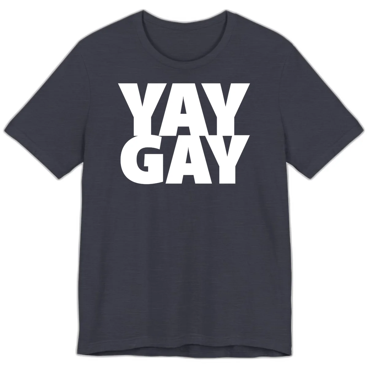 Bold white typography reading "WAY GAY" on gray background, modern pride statement design in Heather Midnight Navy