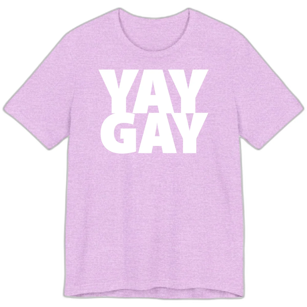 Bold white typography reading "WAY GAY" on gray background, modern pride statement design in Heather Prism Lilac