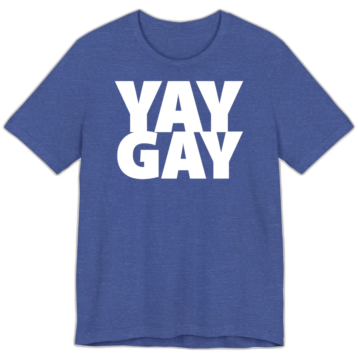 Bold white typography reading "WAY GAY" on gray background, modern pride statement design in Heather True Royal