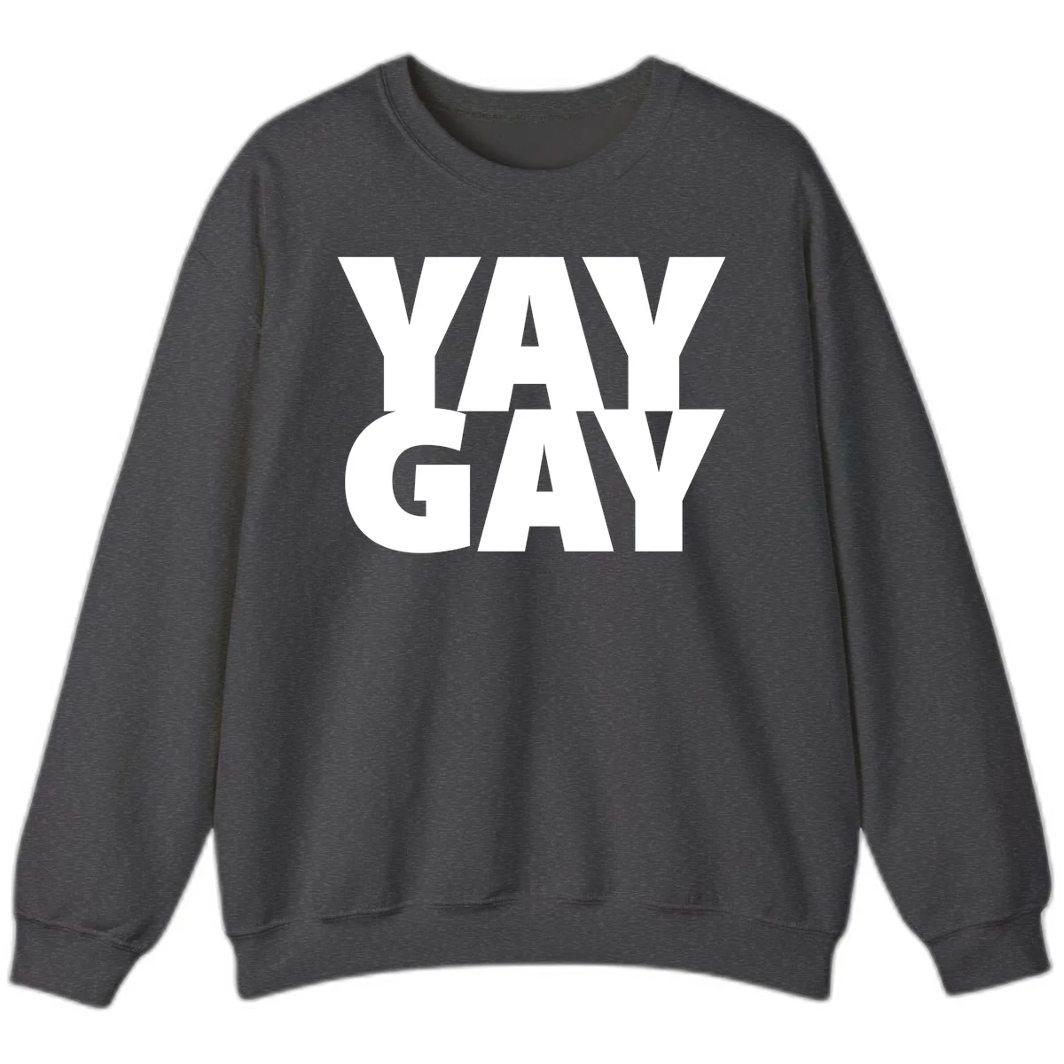 Bold white typography reading "WAY GAY" on gray background, modern pride statement design in Dark Heather