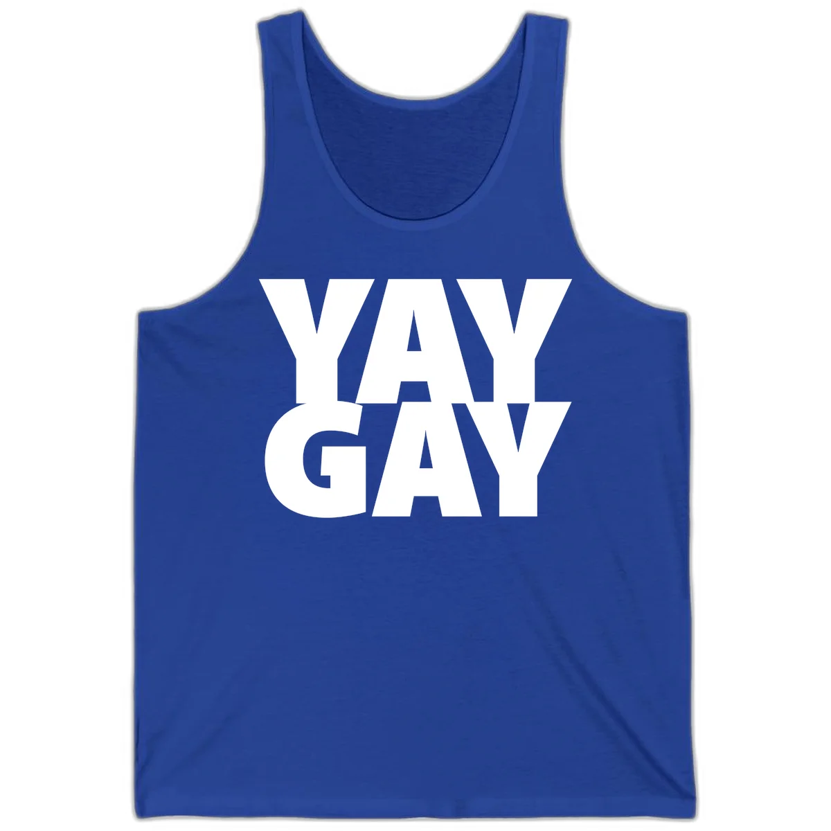 Bold white typography reading "WAY GAY" on gray background, modern pride statement design in True Royal