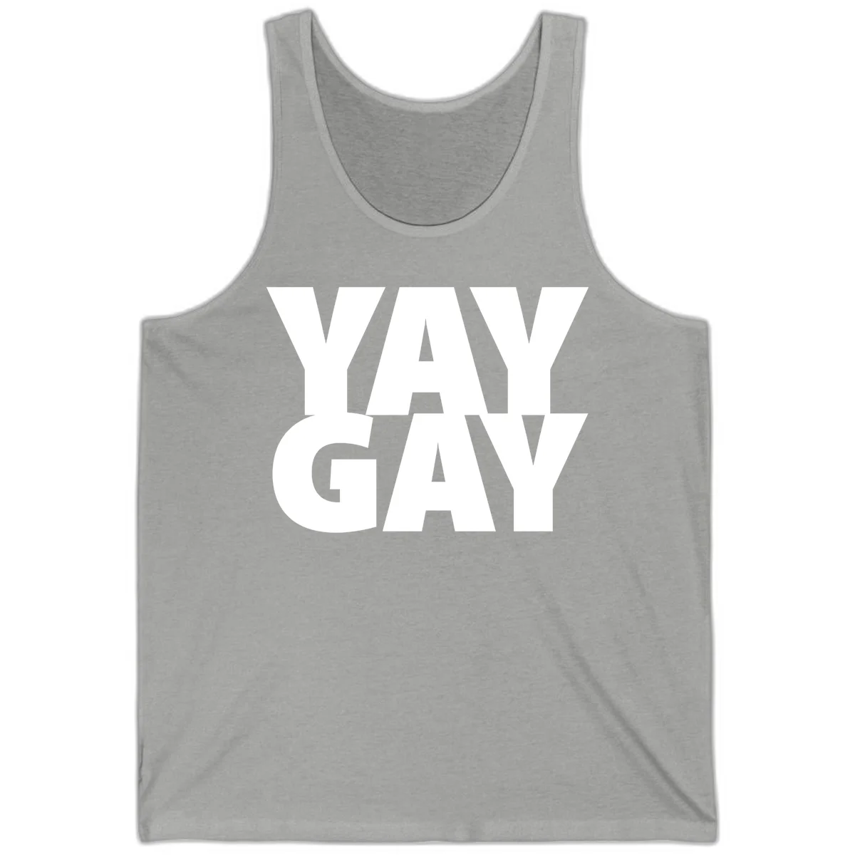 Bold white typography reading "WAY GAY" on gray background, modern pride statement design in Athletic Heather