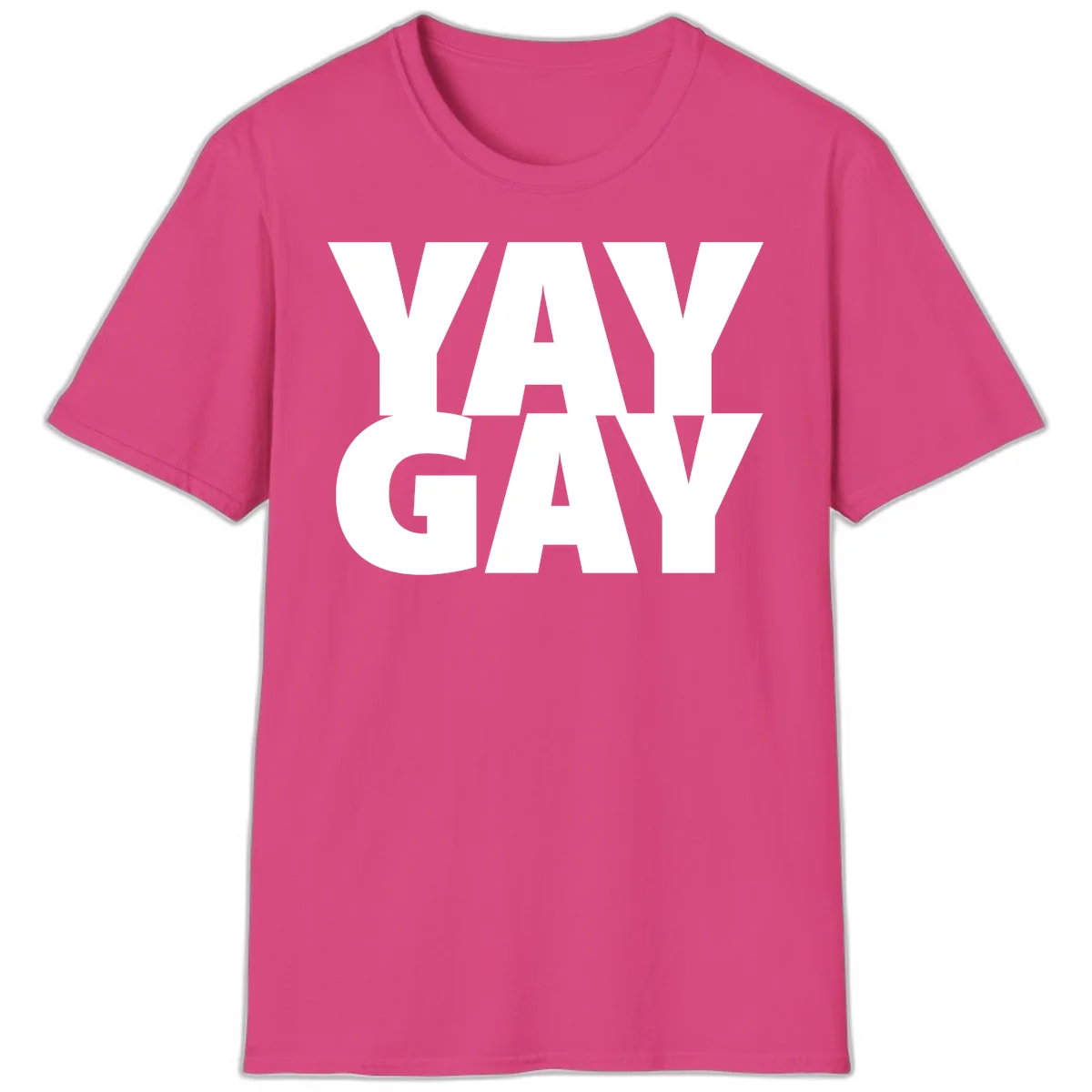 Bold white typography reading "WAY GAY" on gray background, modern pride statement design in Heliconia