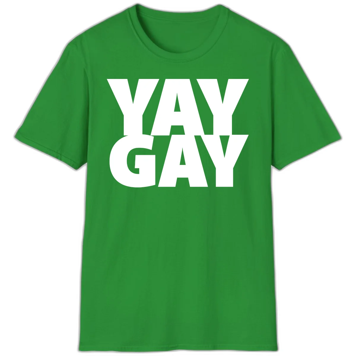 Bold white typography reading "WAY GAY" on gray background, modern pride statement design in Irish Green